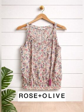 💕💜🔥 Rose+Olive Floral Bird Tank Top Size Large Boho Tassel Sleeveless